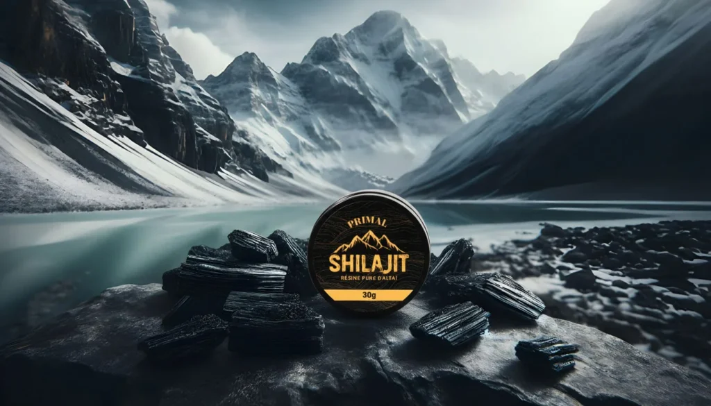 Pot de résine de shilajit Primal au bord d’un lac de montagne, entouré de roches de shilajit brut