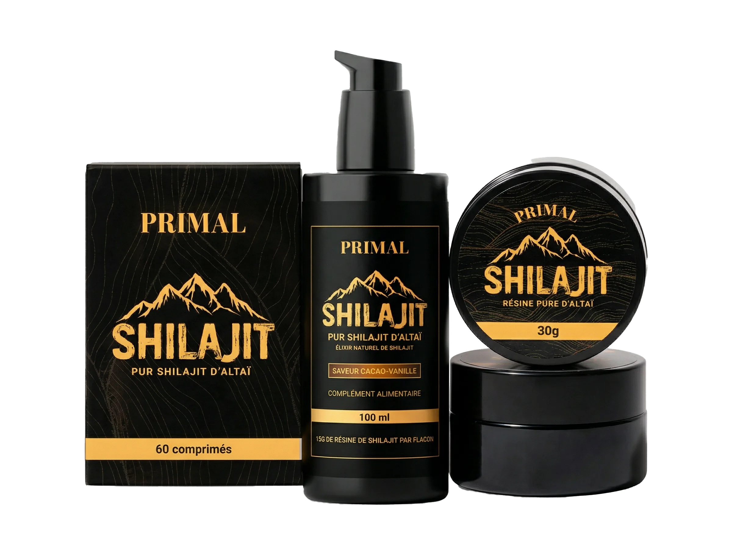 Produits shilajit Primal elixir et comprimés