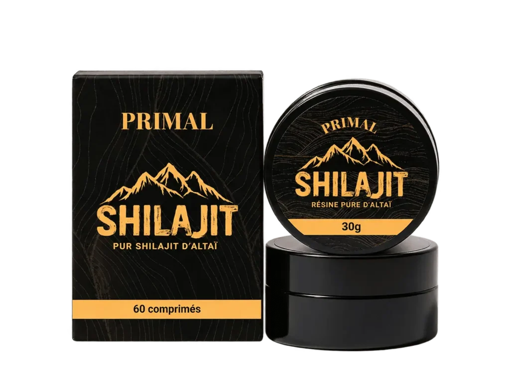 Boîte de comprimés et pot de résine de shilajit Primal